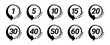 Minute timer icons set. Icons for one minute, five, ten, fifteen or more minutes. The arrow indicates the limited cooking time or deadline for an event or task. Vector illustration