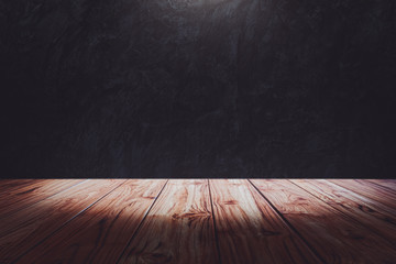 Aufkleber - Empty wooden deck table top over dark grunge wall with spot light Ready for used us display or montage products design.