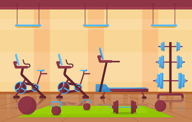 Wall Mural - Gym Center Interior Sport Club Fitness Weight Bodybuilding Equipment Vector Illustration