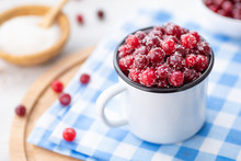 Fresh Ripe Cranberries With Sugar In A Mug. Organic Food Containing Vitamin C. Selective Focus.