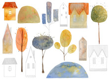 Set Of Cute Summer And Spring Houses, Trees And Hills. Hand Drawn Watercolor Illustration.