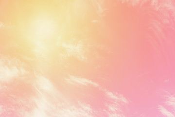 Wall Mural - Sunny orange pink sky background. Beautiful warm sky with clouds. Toned photo