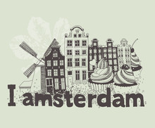 Vector Illustration Of Amsterdam Attractions In Black And White Colors