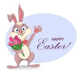 Sticker - Happy Easter greeting card. Funny cartoon rabbit