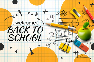 welcome back to school web banner, doodle on checkered paper background, vector illustration.
