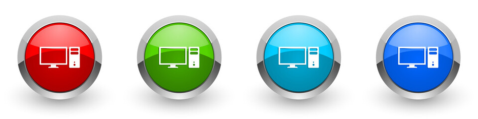 Fototapete - Computer silver metallic glossy icons, monitor, screen, pc concept set of modern design buttons for web, internet and mobile applications in four colors options isolated on white background