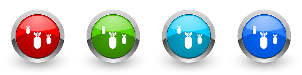 Aufkleber - Bomb silver metallic glossy icons, war, military, weapon concept set of modern design buttons for web, internet and mobile applications in four colors options isolated on white background