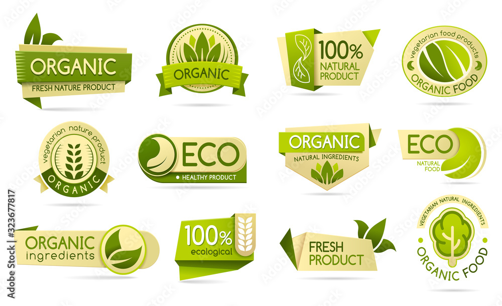 Organic food labels, eco and bio natural products Stock Vector | Adobe ...