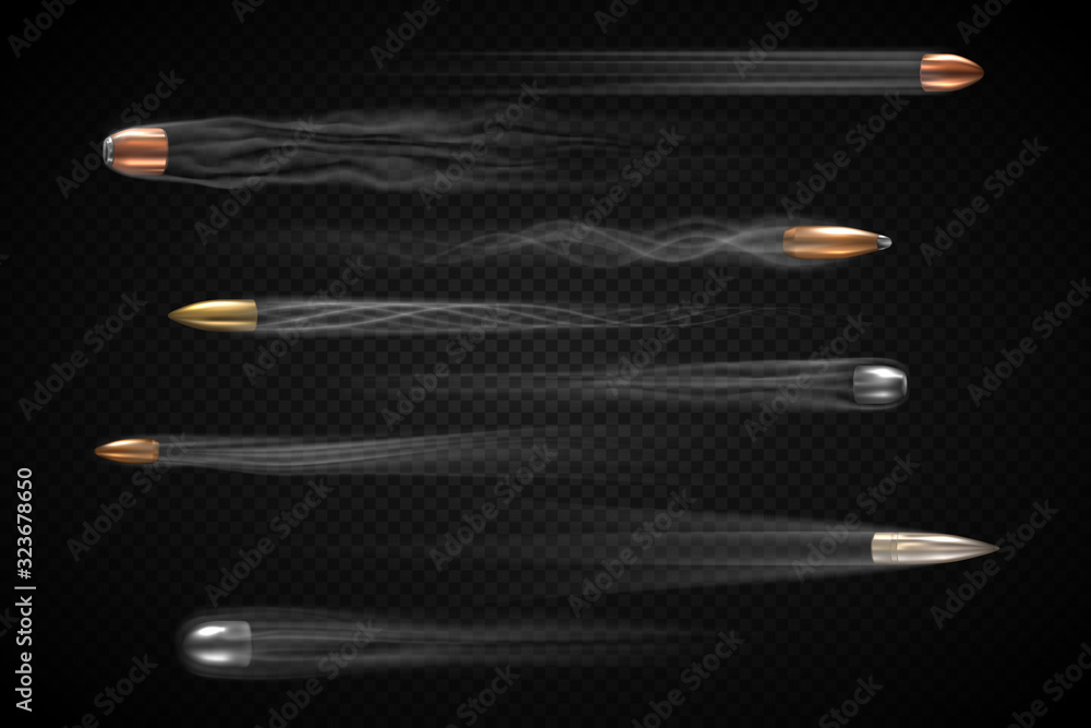 Realistic flying bullet with smoke trace isolated, a set of shot bullets in slow motion, various types firearm projectiles, gunfire vector illustrations - obrazy, fototapety, plakaty 