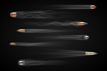 Realistic Flying Bullet With Smoke Trace Isolated, A Set Of Shot Bullets In Slow Motion, Various Types Firearm Projectiles, Gunfire Vector Illustrations