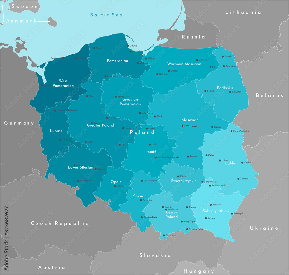 Vector modern illustration. Simplified geographical  map of Poland (in blue colors) and neighboring countries (Germany, Czech Republic, Ukraine and etc. in grey). Names of Polish cities and provinces. - obrazy, fototapety, plakaty 