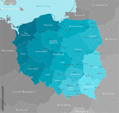 Obraz Dibond Nowoczesne ilustracji wektorowych. Uproszczona mapa geograficzna Polski (w kolorach niebieskim) i krajów sąsiednich (Niemcy, Czechy, Ukraina itp. W kolorze szarym). Nazwy polskich miast i województw.