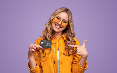 Cheerful woman advertising banking service