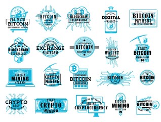 Aufkleber - Bitcoin lettering icons of cryptocurrency and blockchain technology sketches. Vector crypto currency or digital money wallet, exchange calculator, key and data cloud, computer, bit coins and pickaxes