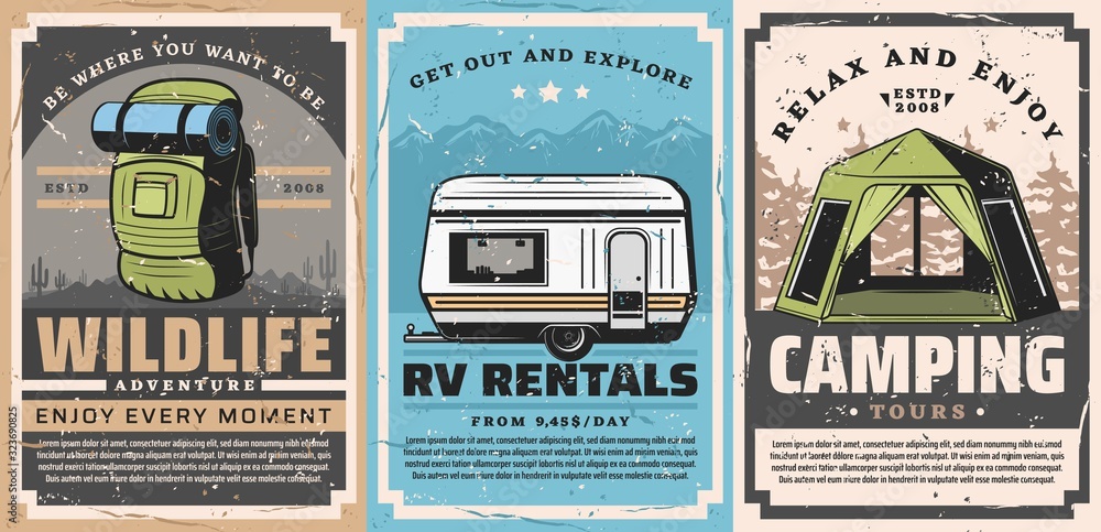Mountain outdoor adventures and forest camping retro posters of travel vector design. Tourist camp tent, backpack and rv trailer, mountains, forest trees and desert landscape, tourism themes - obrazy, fototapety, plakaty 