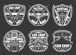 © Vector Tradition - Guns and ammo shop, hunting sport club and shooting range vector badges. Rifles, military weapon, bullets and targets, pistols, revolvers and hunter shotguns, firearm and ammunition monochrome icons