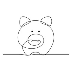 Sticker - Piggy bank in continuous line art drawing style. Pig moneybox black linear sketch isolated on white background. Vector illustration