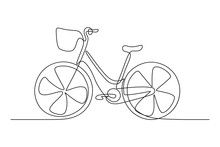 City Bicycle With Front Basket In Continuous Line Art Drawing Style. Black Linear Sketch Isolated On White Background. Vector Illustration