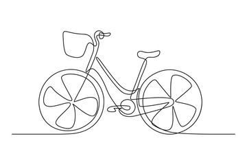 City bicycle with front basket in continuous line art drawing style. Black linear sketch isolated on white background. Vector illustration