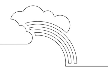 Clouds with rainbow in continuous line art drawing style. Minimalist black linear design isolated on white background. Vector illustration