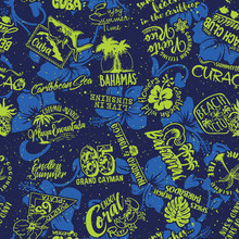 Cute Caribbean Islands Graphic Labels Collection With Hibiscus Background Vector Seamless Pattern