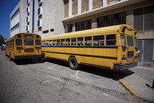 Yellow School Bus In The Center Of Havana. Cuba