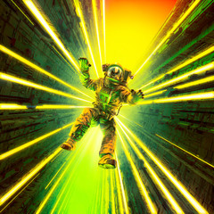 Wall Mural - once more over the rainbow / 3d illustration of science fiction scene with astronaut falling into gl