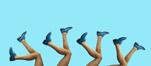 Sexy Woman Legs In Gold Tights And Shoes Over Blue Background. Collage In Magazine Style, Pop Art Collection.