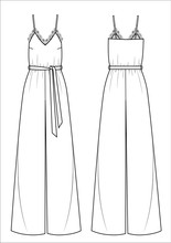 Vector Illustration Of Women's Jumpsuit With Lace. Front And Back
