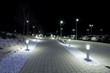 a row of column lighting in the footway at night