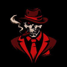 Skull In Gangster Hat With Cigar On Black Background