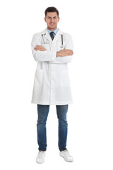 Wall Mural - Portrait of doctor with stethoscope on white background