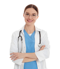 Canvas Print - Portrait of doctor with stethoscope on white background