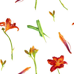 red lily flowers and green leaves, seamless watercolor floral pattern on a white background