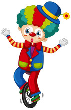 Happy Clown Riding On Cycle On White Background