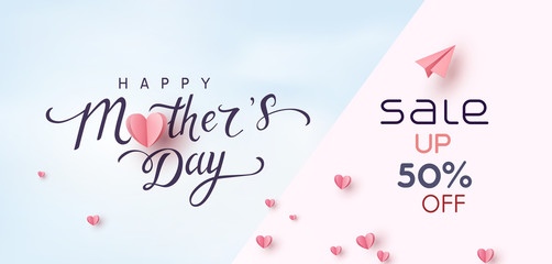 Sale vector banner with pink paper hearts. Special offer poster background. Vector Mother's Day discount promotion..