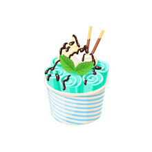 Basket Of Stir Fried Green Ice Cream Rolls Under Chocolate Topping And Whipped Cream Decorated With Mint Leaves. Vector Illustration Cartoon Flat Icon Isolated On White.