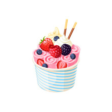 Basket Of Stir Fried Pink Ice Cream Rolls Under Whipped Cream Decorated With Berries. Vector Illustration Cartoon Flat Icon Isolated On White.