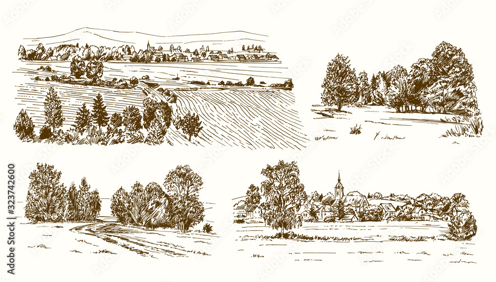 Countryside village landscape with church and houses. Hand drawn vector ...