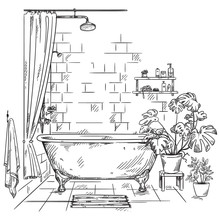 Interior Of A Bathroom, Vector Sketch