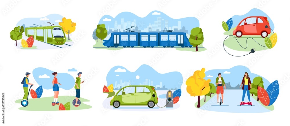 People riding electric transport in modern city, commuter rail train and tram, vector illustration. Eco friendly public transportation, urban environment. Electric car and personal transport set - obrazy, fototapety, plakaty 