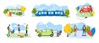 People riding electric transport in modern city, commuter rail train and tram, vector illustration. Eco friendly public transportation, urban environment. Electric car and personal transport set