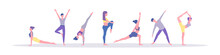 Male And Female Characters Sport Activities Set. People Doing Sports, Yoga Exercise, Fitness, Workout In Different Poses, Stretching, Healthy Lifestyle, Leisure. Flat Style. Vector Illustration