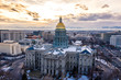 Colorado State Capitol Building & the City of Denver Colorado at Sunset.  Rocky Mountains on the Horizon