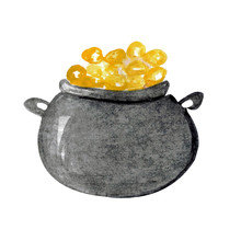 Black Pot With Golden Coins As A Symbol Of Weath, Saint Patrick's Day Celebration In 17 March 2020