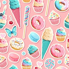 Wall Mural - Vector seamless pattern with cupcakes and donuts