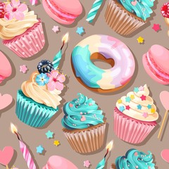 Sticker - Vector seamless pattern with cupcakes and donuts