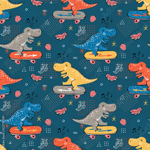 Fototapeta na szkło Wzór dla dzieci moda z cute dinozaura. Ręcznie rysowane doodle Dinozaur Skater. Tło wektor kreskówka zwierząt