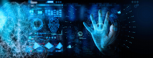 Fototapete - Hnad working with Digital transformation change management and internet of things (IoT) Ui and AR concept.