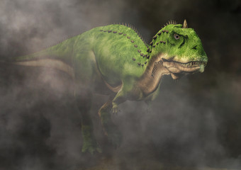 Aufkleber - Majungasaurus was a carnivorous theropod dinosaur that lived in Cretaceous era Madagascar. Here a green one is depicted emerging from fog. 3D Rendering 